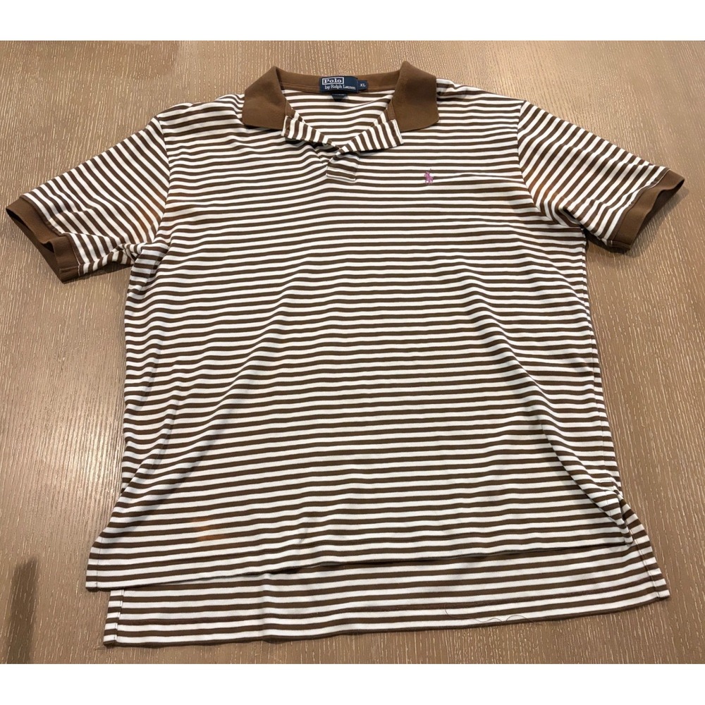 Polo Ralph Lauren Mens XL Brown White Striped Short Sleeve Polo Purple Pony